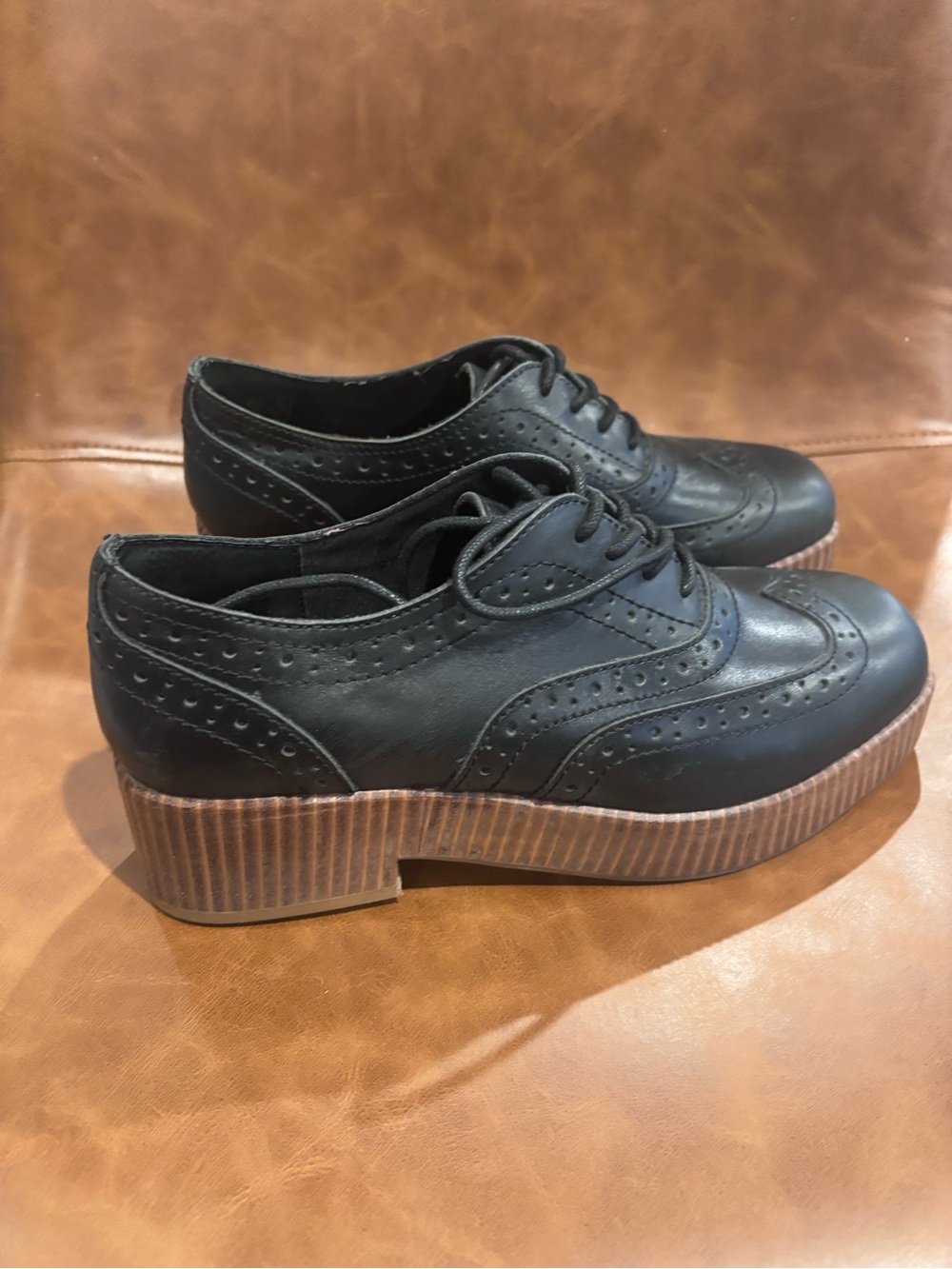 Kelsi Dagger Black Leather Brogue Platform Oxfords with Wood-Effect Sole